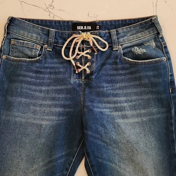 NWT || SER.O.YA by RETROFETE || Luca denim, tie fly, distressed, med rinse - Picture 1 of 8